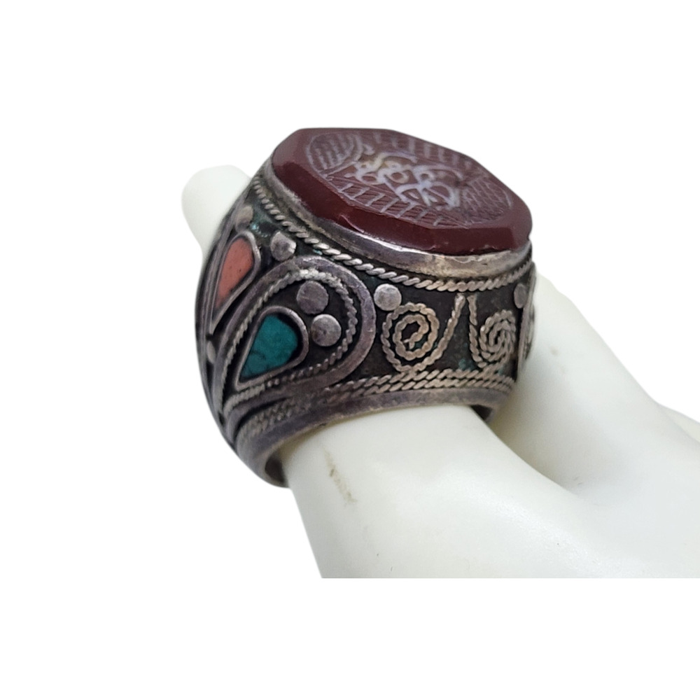 Vintage Ring Turkmen Silver Carved Turquoise Coral Inlay Sz 8.5 Arabic BIG - Picture 5 of 16